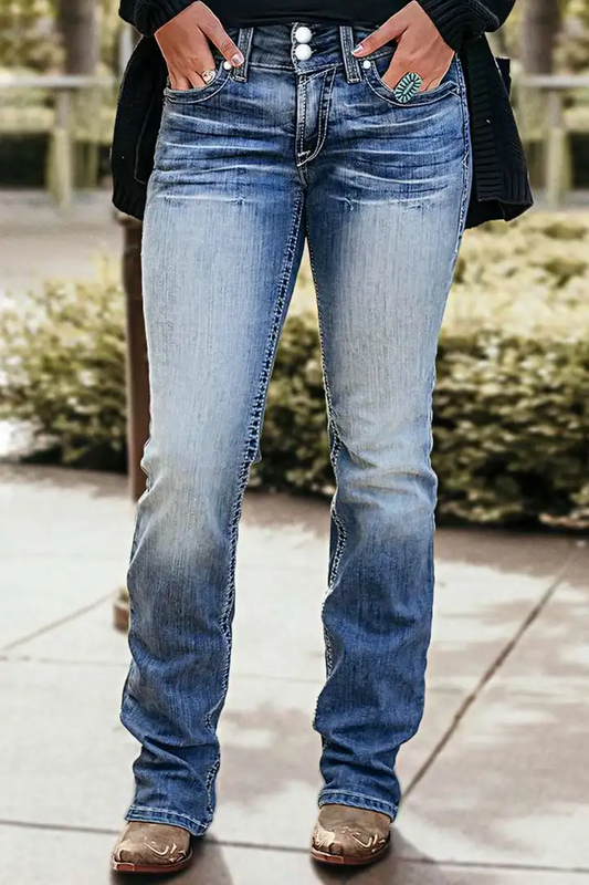 Stitch Detail Dual Button Mid Waist Straight Leg Jeans