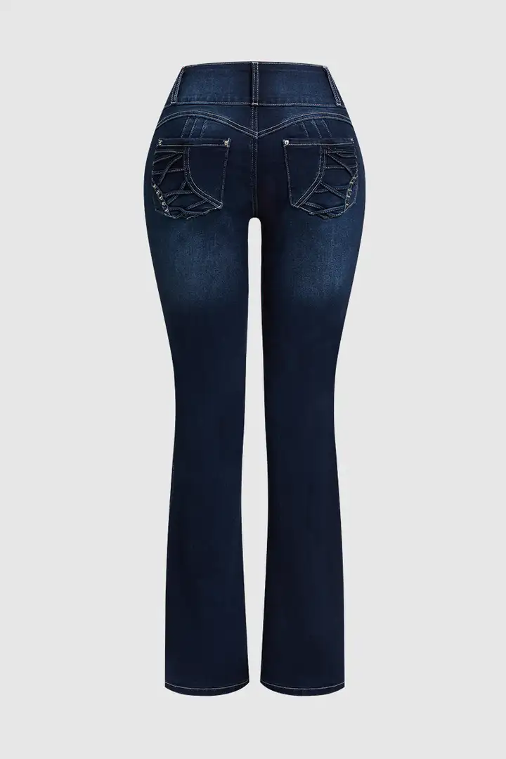 Wash Stitch Detail Button Fly High Waist Bootcut Jeans