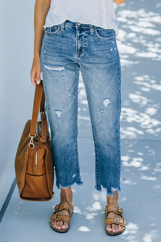 Ripped Raw Hem Mid Rise Straight Leg Cropped Jeans