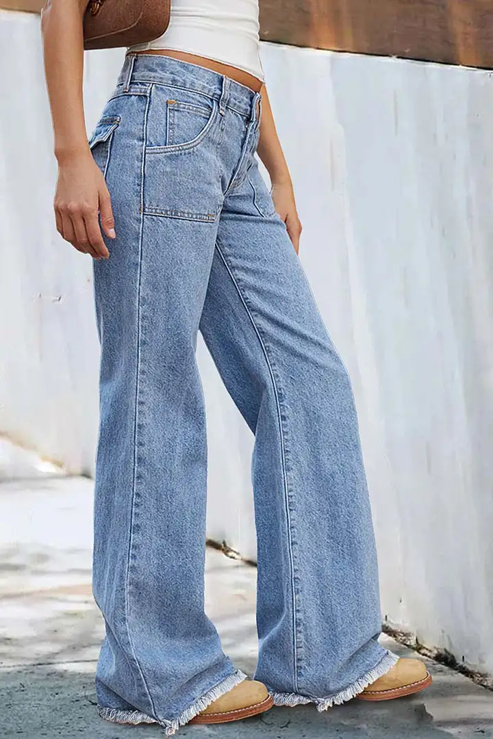 Wash Raw Hem Flap Pocket Wide Leg Low Rise Jeans