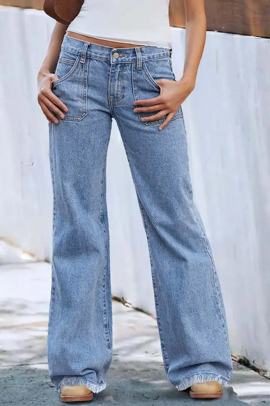 Wash Raw Hem Flap Pocket Wide Leg Low Rise Jeans