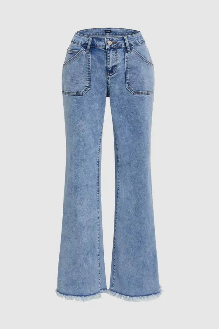 Wash Raw Hem Flap Pocket Wide Leg Low Rise Jeans