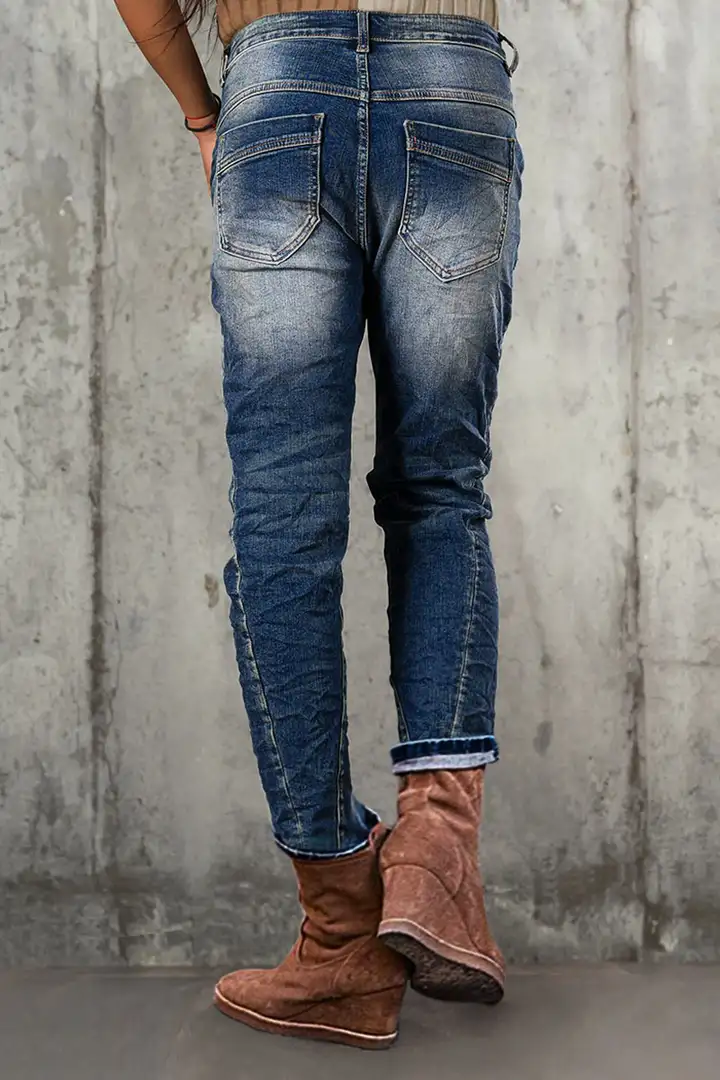 Wash Ripped Mid Rise Straight Leg Jeans Without Belt