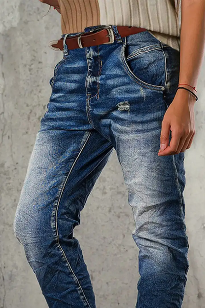 Wash Ripped Mid Rise Straight Leg Jeans Without Belt