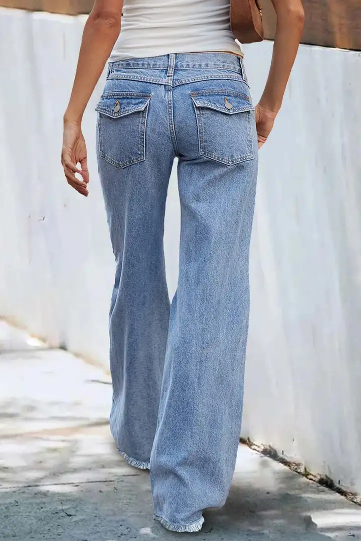 Wash Raw Hem Flap Pocket Wide Leg Low Rise Jeans