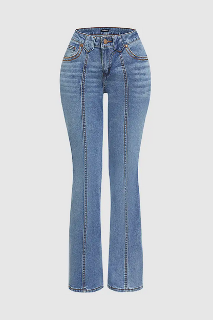 Wash Contrast Stitch Seam Front Low Waist Bootcut Jeans