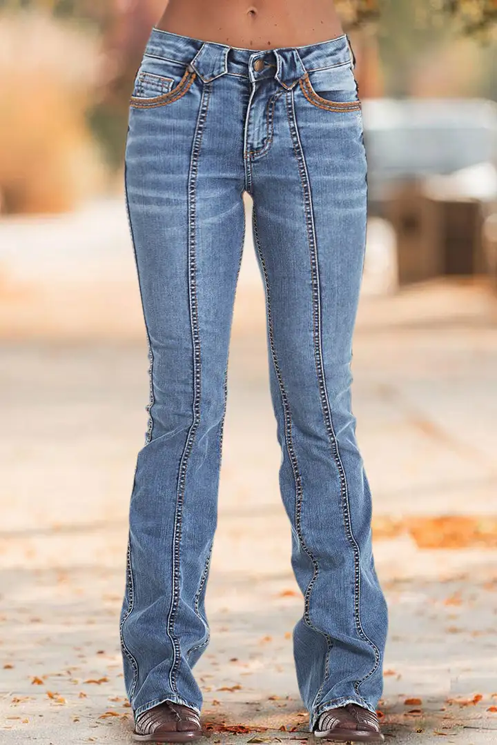 Wash Contrast Stitch Seam Front Low Waist Bootcut Jeans