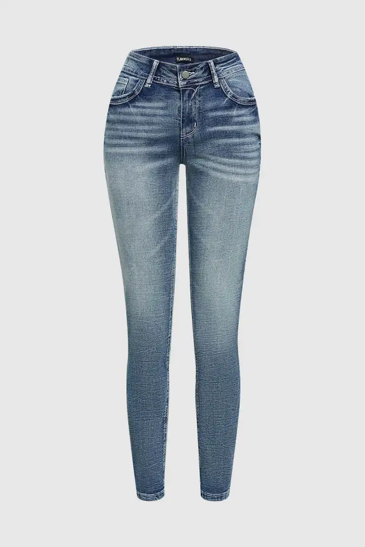 Pocket Back Wash High Stretch Mid Waist Skinny Jeans