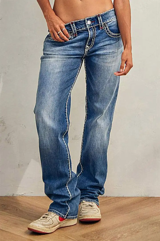 Washed Flap Pocket Low Rise Straight Leg Jeans