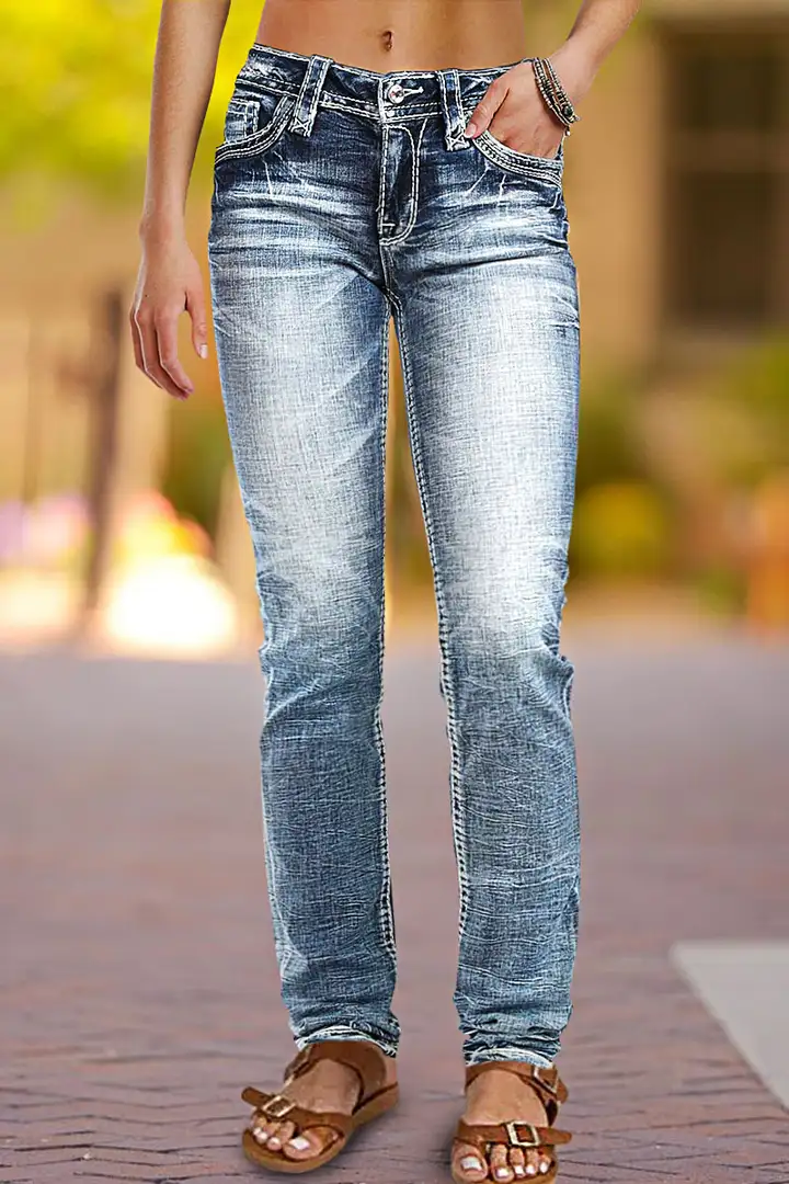 Pocket Back Wash High Stretch Mid Waist Skinny Jeans