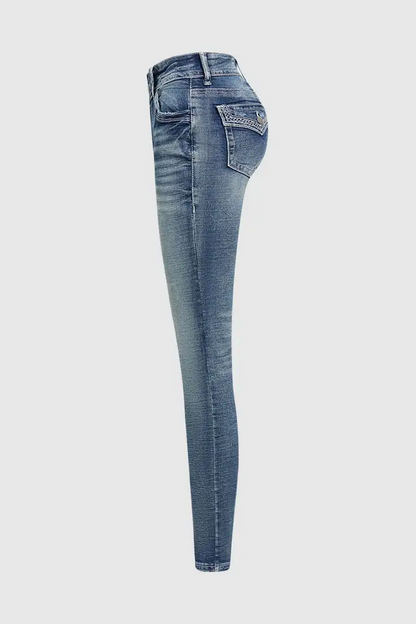 Pocket Back Wash High Stretch Mid Waist Skinny Jeans