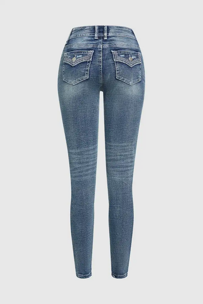 Pocket Back Wash High Stretch Mid Waist Skinny Jeans