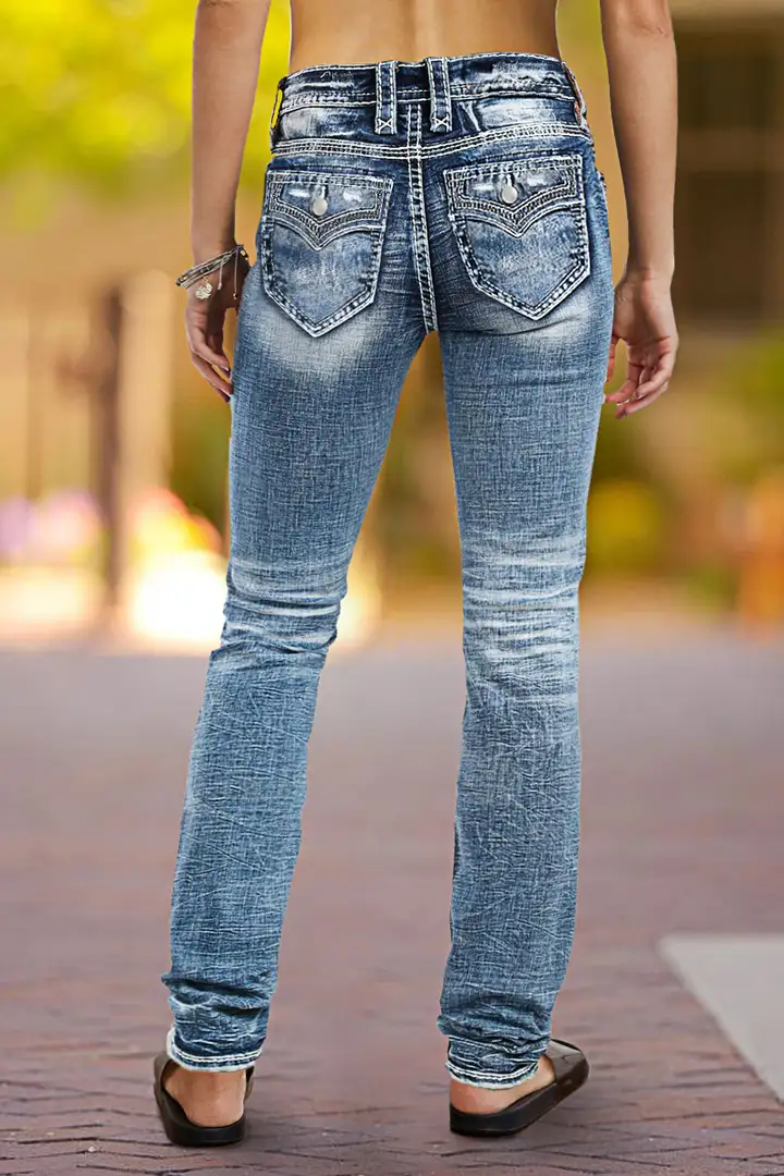 Pocket Back Wash High Stretch Mid Waist Skinny Jeans