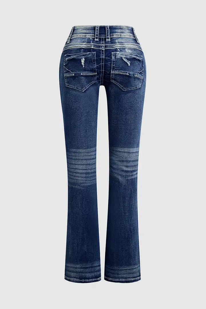 Wash Ripped Contrast Stitch Double Button Low Rise Bootcut Jeans