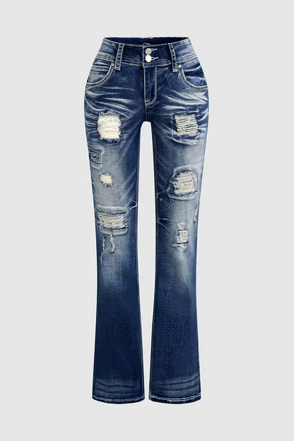 Wash Ripped Contrast Stitch Double Button Low Rise Bootcut Jeans