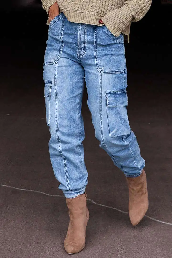 Flap Pocket High Waist Straight Leg Cargo Jeans