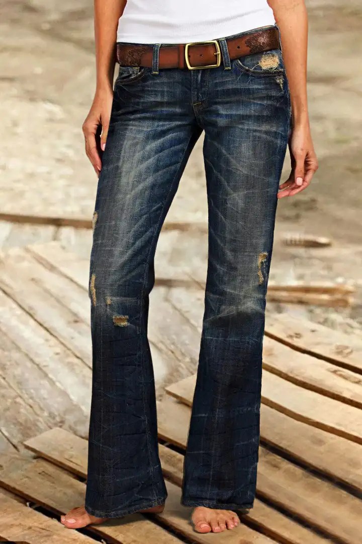 Wash Ripped Low Waist Flare Jeans Without Belt