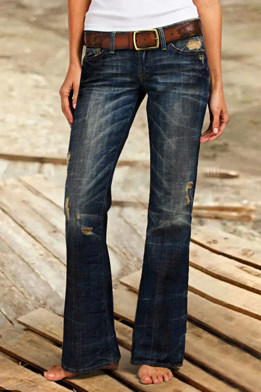 Wash Ripped Low Waist Flare Jeans Without Belt