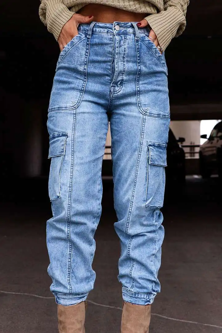 Flap Pocket High Waist Straight Leg Cargo Jeans