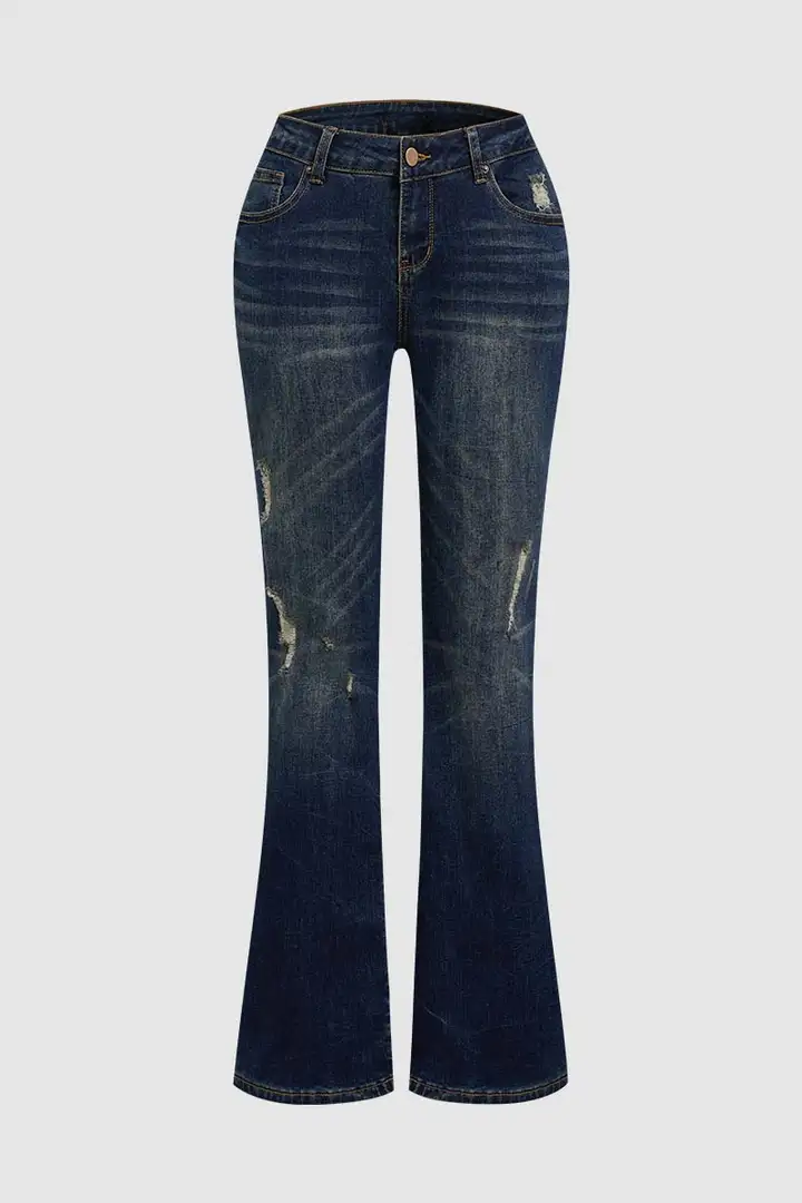 Wash Ripped Low Waist Flare Jeans Without Belt