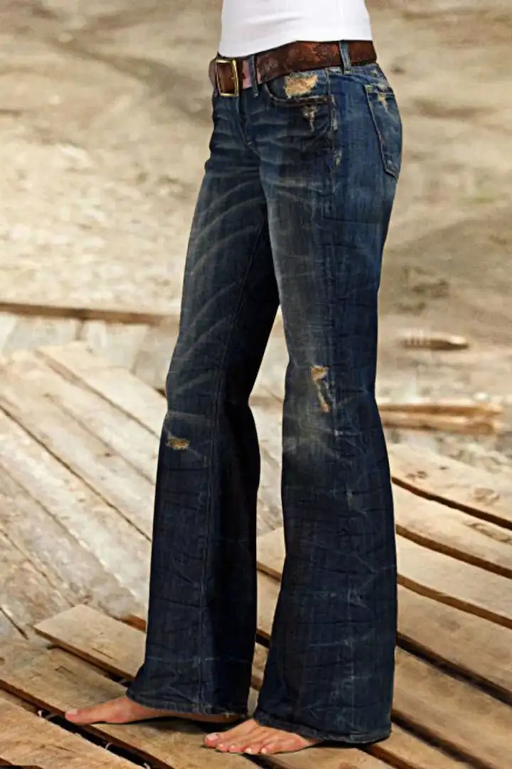 Wash Ripped Low Waist Flare Jeans Without Belt