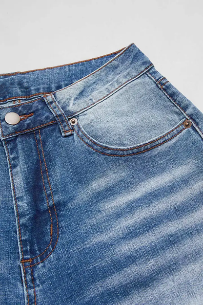 Wash Stitch Detail High Rise Straight Leg Jeans Without Belt