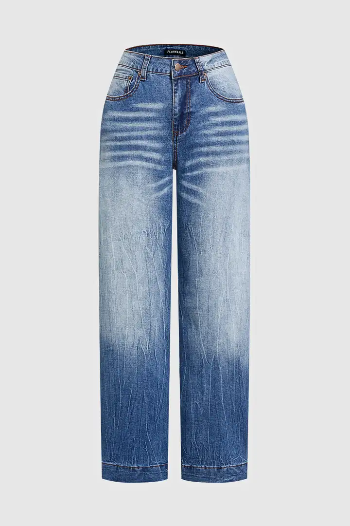 Wash Stitch Detail High Rise Straight Leg Jeans Without Belt