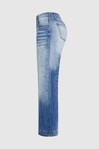 Wash Stitch Detail High Rise Straight Leg Jeans Without Belt