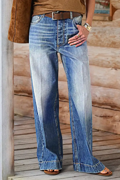 Wash Stitch Detail High Rise Straight Leg Jeans Without Belt